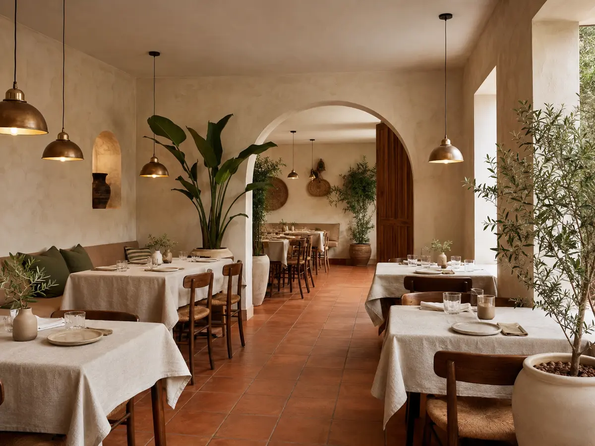 Salle chaleureuse d’un restaurant fictif aux tons terre cuite